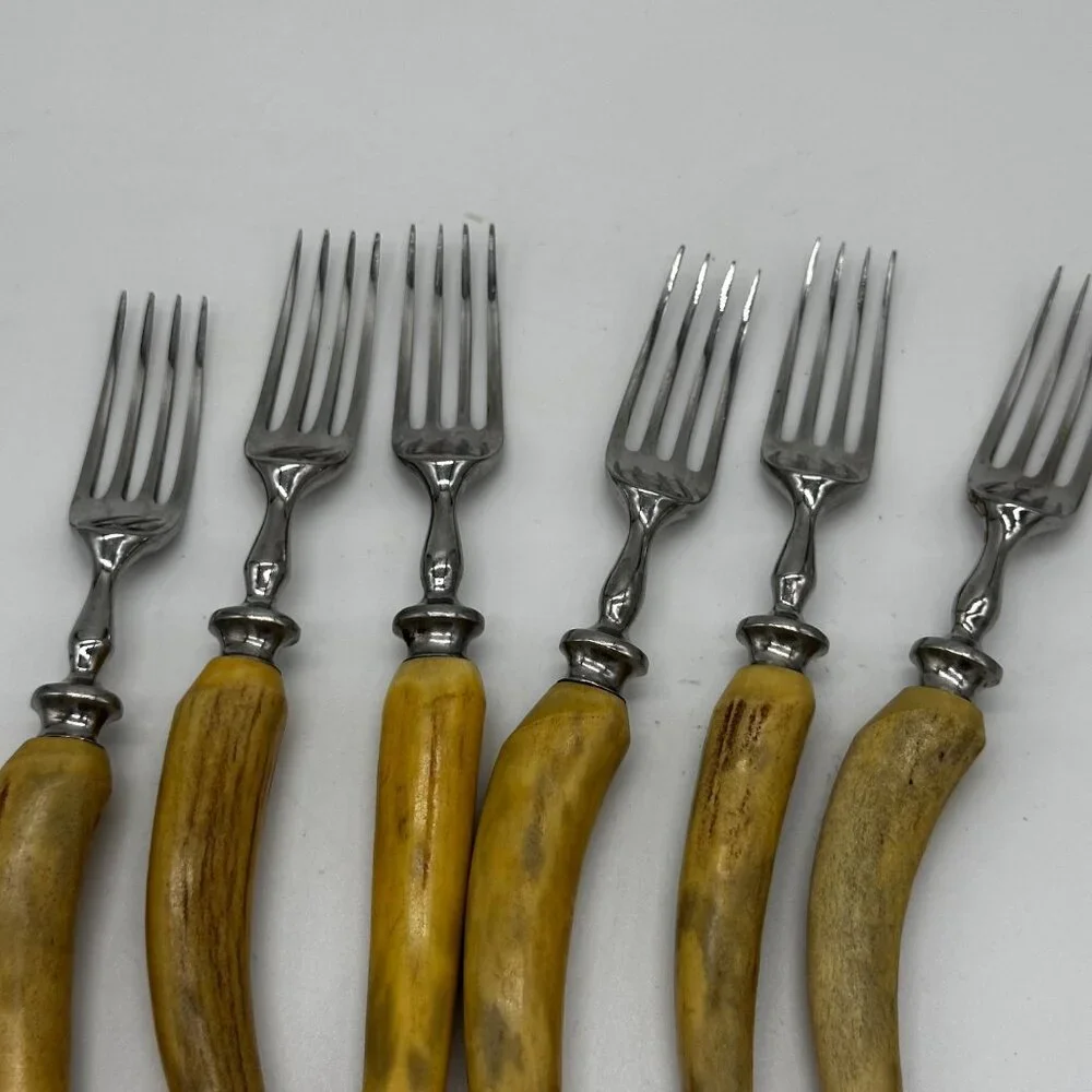 Sheffield Latham Owen Rustic Antler Horn Handle‎ Utensils Knives Forks Cased Set